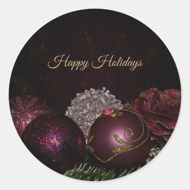 Sticker Rond Christmas Party Pink Ornament Green Leaves Black (Devant)