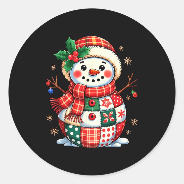 Sticker Rond Christmas Patchwork Snowman - Quilted Holiday Aest (Devant)