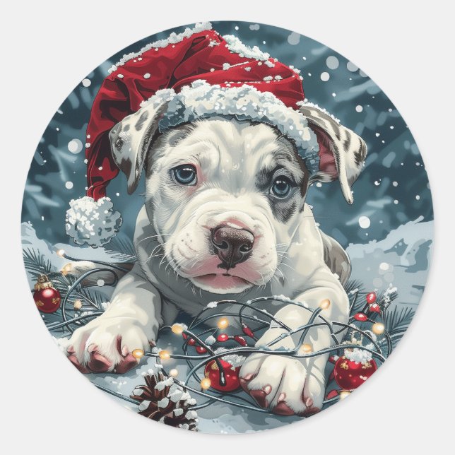 Sticker Rond Christmas Pit Bull Santa Puppy (Devant)