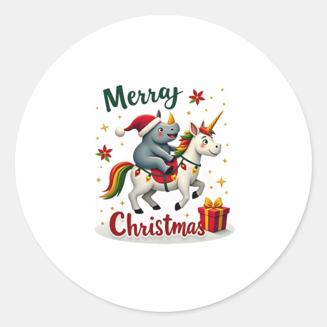 Sticker Rond Christmas Rhino Merry Christmas Unicorn Rhino T-Sh (Devant)