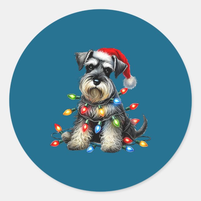 Sticker Rond Christmas Schnauzer Dog Santa Hat Xmas Light Holid (Devant)
