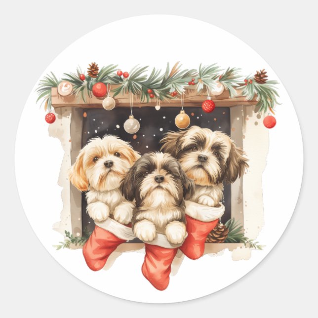 Sticker Rond Christmas Shih Tzu Dogs (Devant)