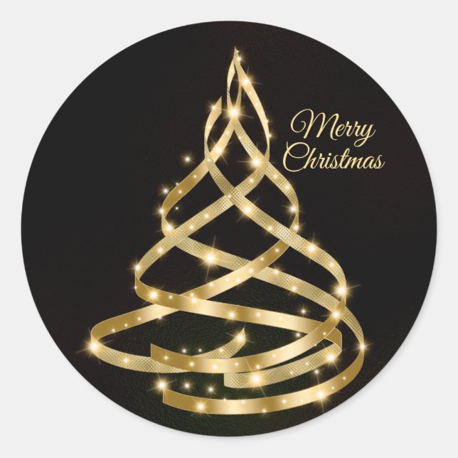 Sticker Rond Christmas Shiny Golden Ribbon Tree Sparkle Black (Devant)
