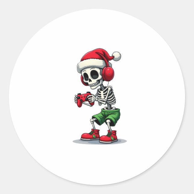 Sticker Rond Christmas skeleton Gamer Pajamas xmas skull gaming (Devant)