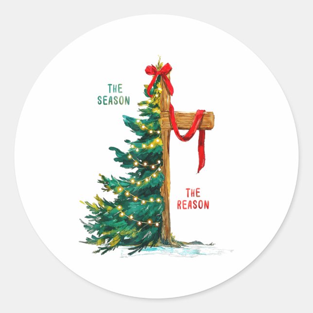 Sticker Rond Christmas Tree The Season Jesus Cross The Reason  (Devant)