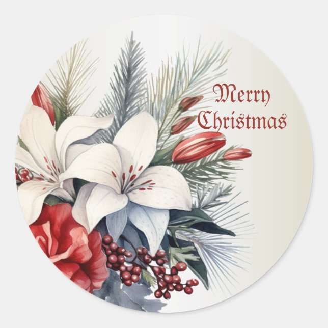 Sticker Rond Christmas White Red Flowers Holidays Elegant (Devant)