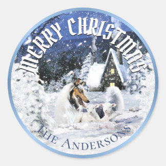Sticker Rond Christmas Winter Fairy Tale, Blue Merle Collie -