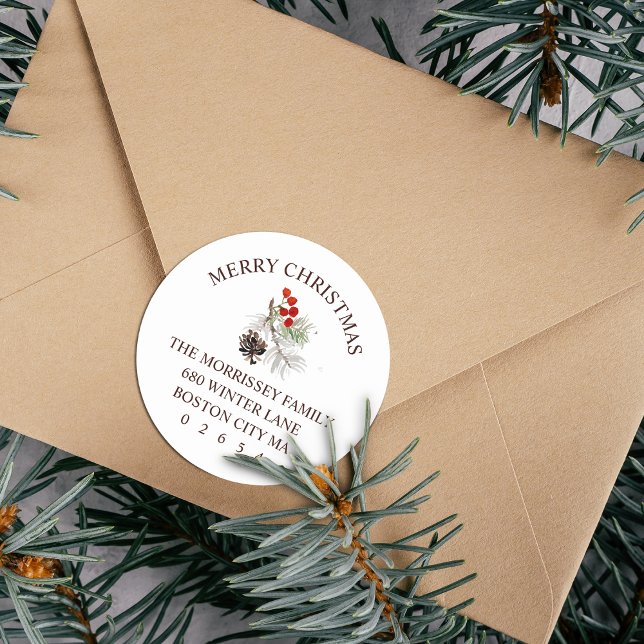 Sticker Rond Christmas Winter Sprig Cone Berries Retour Adresse (Christmas Winter Sprig Cone Berries Return Address Classic Round Sticker)