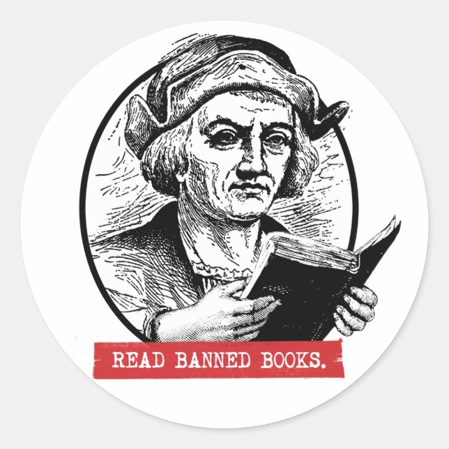 Sticker Rond Christophe Colomb Lit Des Livres Interdits (Devant)