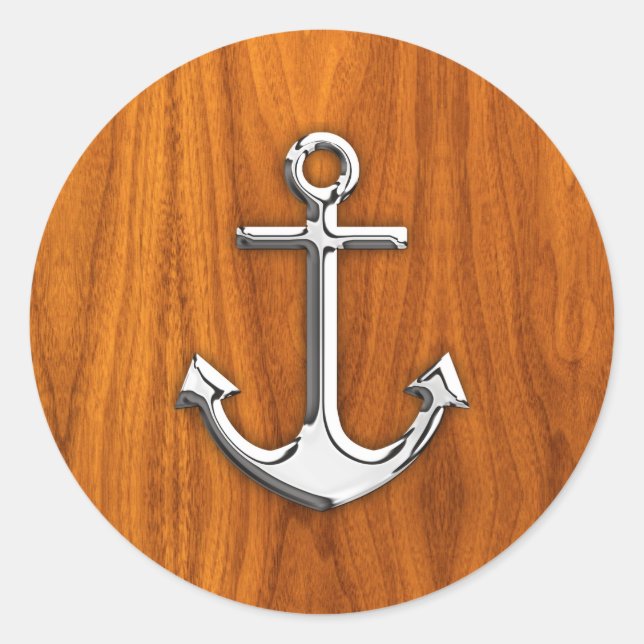 Sticker Rond Chrome Comme Ancre sur la plaque de teck (Devant)