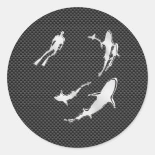 Sticker Rond Chrome comme Plongeur avec requins sur fibre de ca