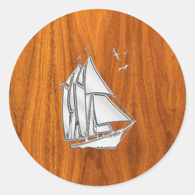 Sticker Rond Chromes Silver like Sailboat on Teak Veneer (Devant)