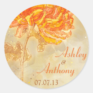 Sticker Rond Chrysanthemum Orange Mariage Enveloppe Sceau