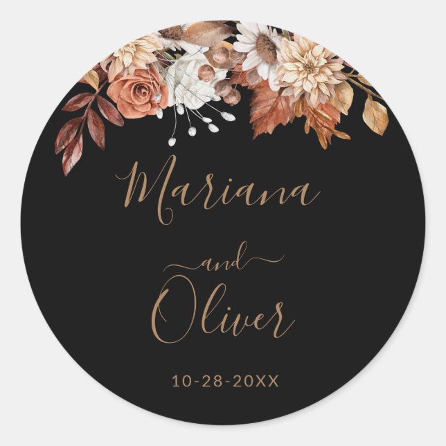 Sticker Rond Chute floral noir enveloppes sceaux (Devant)