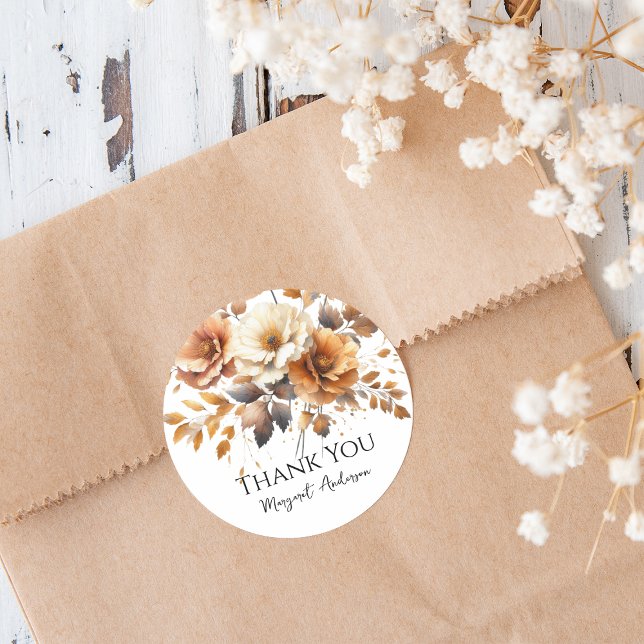 Sticker Rond Chute personnalisée Brown Floral Élégant Merci (Personalized Fall Brown Floral Elegant Thank You Sticker for Birthday Party or other occasions.)