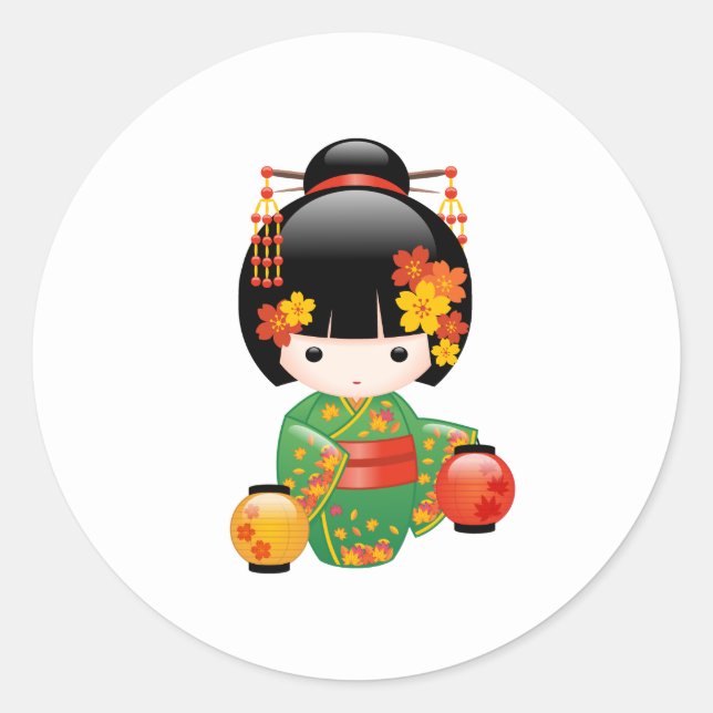 Sticker Rond Chute Poupée Kokeshi - Green Kimono Geisha Girl (Devant)