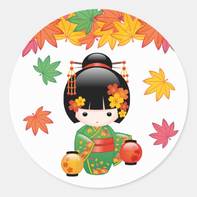 Sticker Rond Chute Poupée Kokeshi - Green Kimono Geisha Girl (Devant)