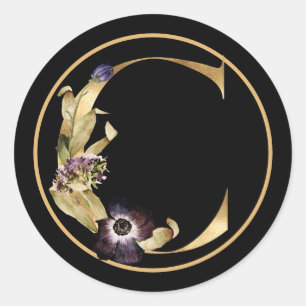 STICKER ROND CHUTE THÈME OR MONOGRAMME C AVEC ARRANGEMENT FLORA