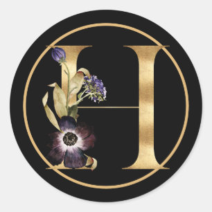 STICKER ROND CHUTE THÈME OR MONOGRAMME H AVEC ARRANGEMENT FLORA