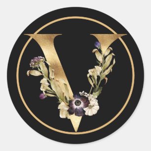 STICKER ROND CHUTE THÈME OR MONOGRAMME V AVEC FLEURS