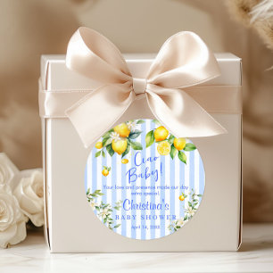 Sticker Rond Ciao Baby Blue Stripe Lemon Baby Shower Merci 