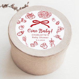 Sticker Rond Ciao Baby Fantaisiste Ruban Rouge Baby Shower