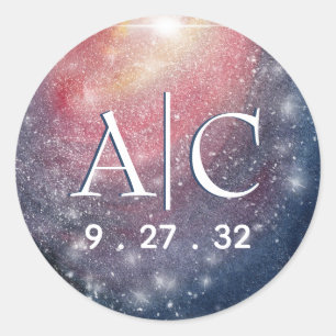 Sticker Rond Ciel de nuit moderne Galaxy bleu violet Initiales 
