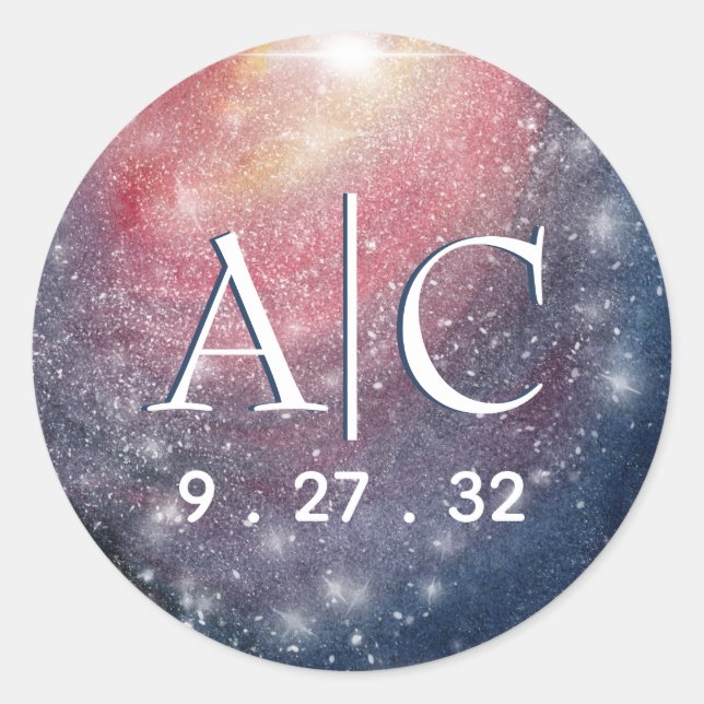 Sticker Rond Ciel de nuit moderne Galaxy bleu violet Initiales  (Devant)