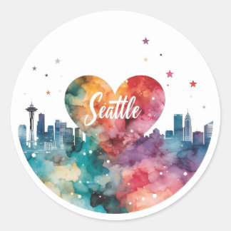Sticker Rond Ciel de Seattle à l'aquarelle