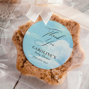 Sticker Rond Ciel nuages Baby shower bleu Merci