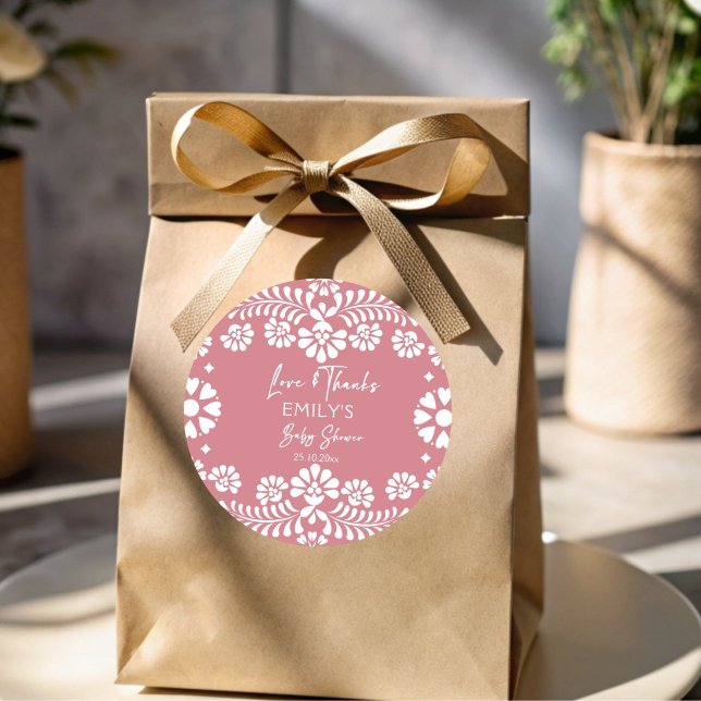 Sticker Rond Cielito lindo baby shower mexicain rose pâle (Cielito lindo dusty pink Mexican fiesta papel picado baby shower favors thank you favor Sticker)