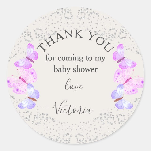 Sticker Rond Ciels papillons Merci Confetti en argent rose (Devant)