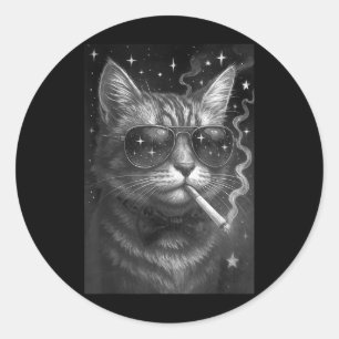 Sticker Rond Cigarette Kitten Drôle Fumer Chat Mème Bra Stupide