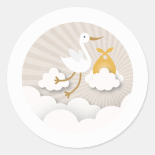 Sticker Rond Cigogne avec le baby shower orange de neutre de