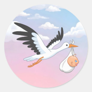 Sticker Rond Cigogne portant un bébé nuages de ciel