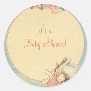 Sticker Rond Cigogne vintage avec bébé fille dans une couvertur
