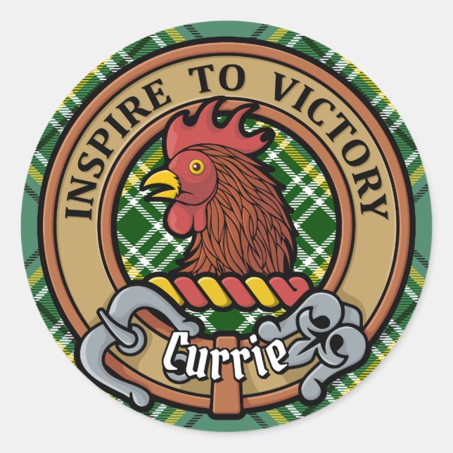 Sticker Rond Cimier de coq Clan Currie sur Tartan (Devant)