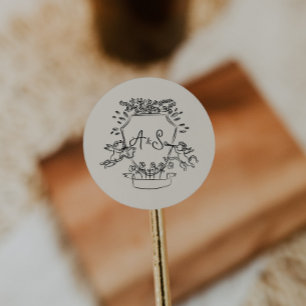 Sticker Rond Cimier dessiné à la main Monogramme Mariage Beige