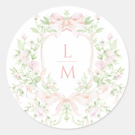 Sticker Rond Cimier Doux avec Bow rose pâle | Mariage monogramm