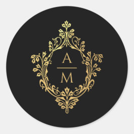 Sticker Rond Cimier Noir Faux Or Élégant Monogramme 2 Initiales
