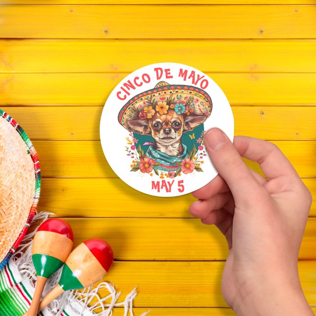 Sticker Rond Cinco de Mayo Chihuahua portant Sombrero & Serape (Créateur téléchargé)