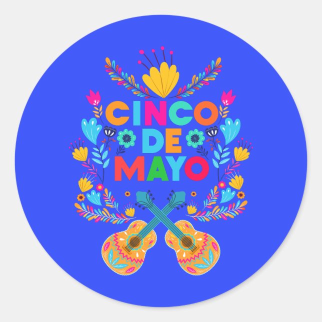 Sticker Rond Cinco De Mayo fleurs et guitares (Devant)