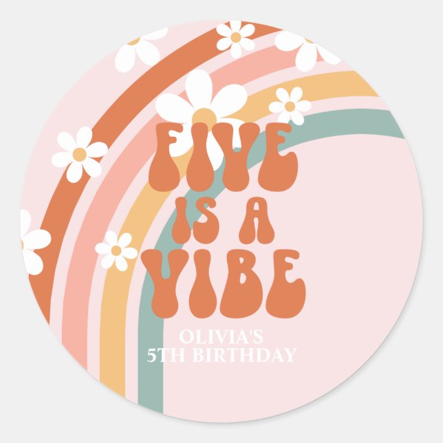 Sticker Rond Cinq est Vibe Retro arc-en-ciel 5e anniversaire (Devant)