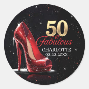 Sticker Rond Cinquante 50 & Fabuleux BIRTHDAY Red Gold High Hee