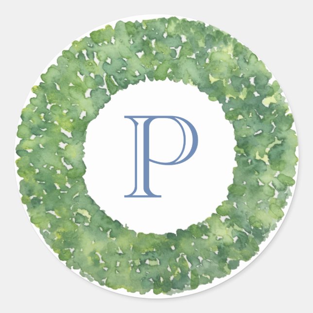 Sticker Rond Circulaire hiver verdure couronne Monogramme bleu (Devant)