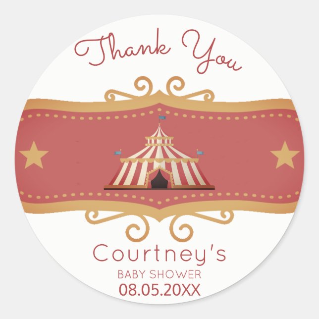 Sticker Rond Cirque Tente Baby shower Merci Favoriser (Devant)