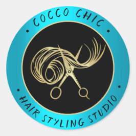 Sticker Rond Ciseaux Coiffure Nom du logo Merci Gold Blue