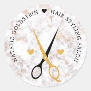 Sticker Rond Ciseaux Noir et Or Marbre Coiffeur