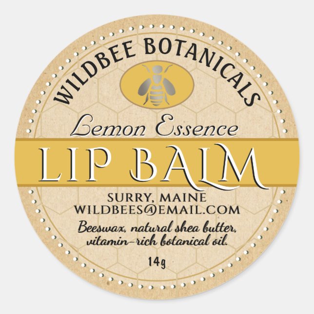 Sticker Rond Citron Essence Kraft Beeswax Lip Balm Dotée Bordur (Devant)