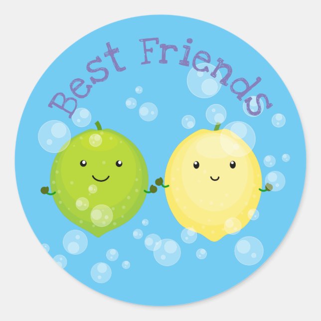 Sticker Rond Citron et citron vert avec bulles dessin animé (Devant)